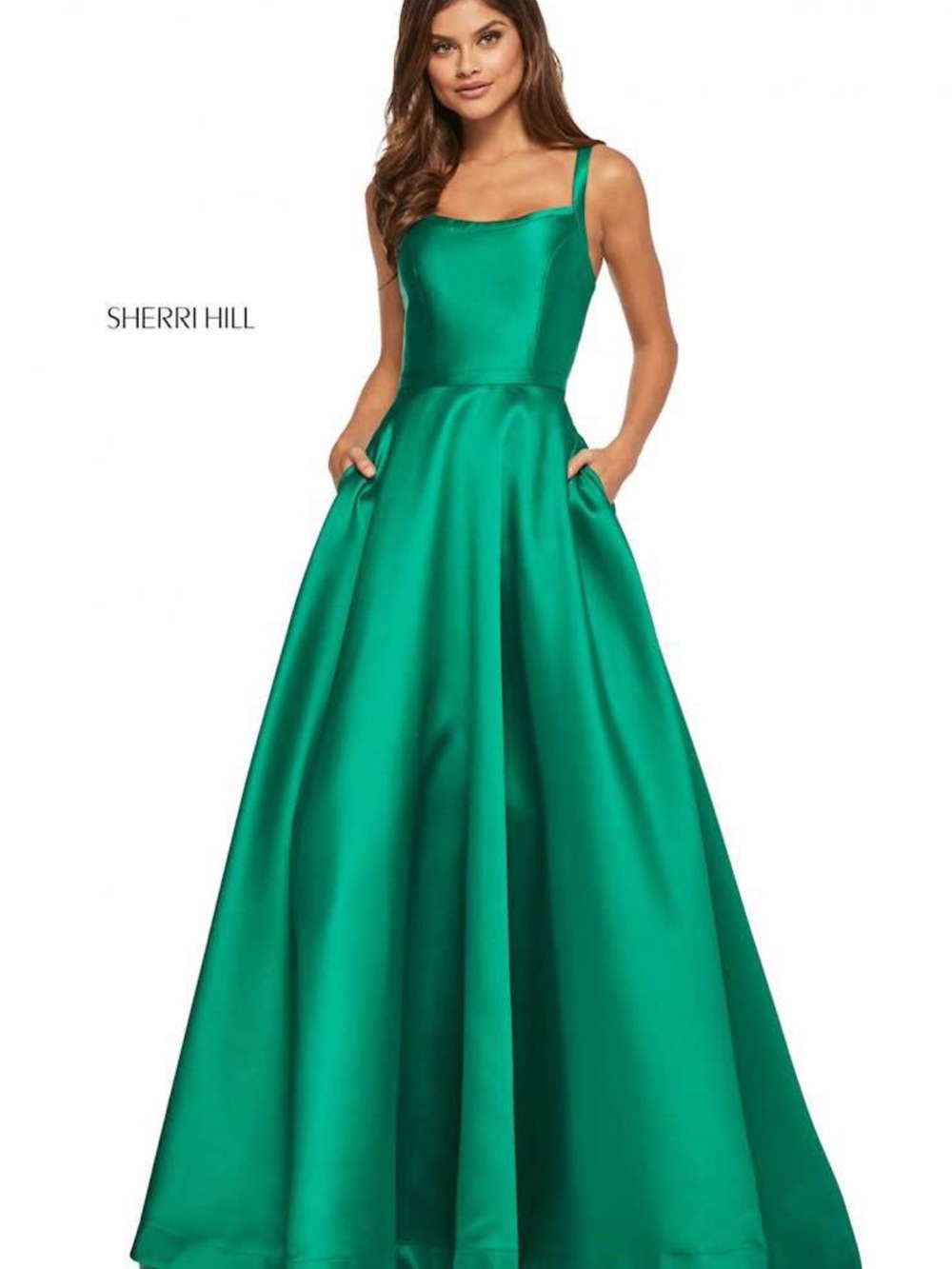 Sherri Hill Green Satin A-Line Prom Gown